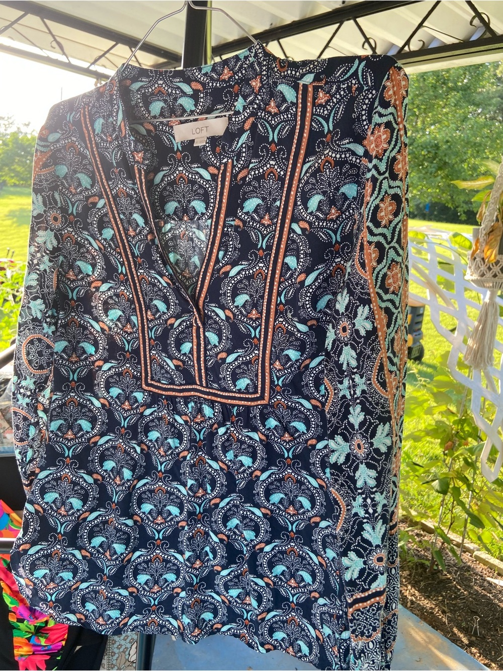 LOFT Navy Tunic with Aqua and Coral Paisley Accents